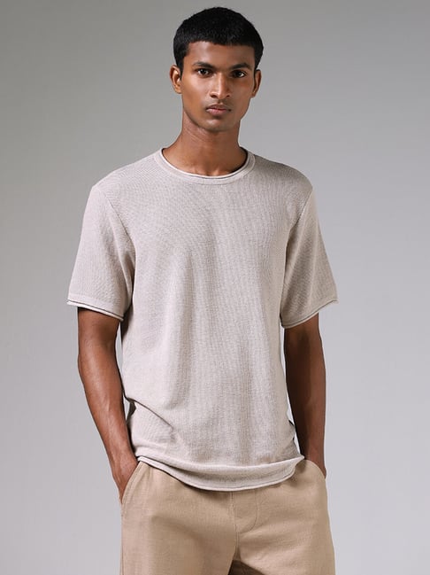 ETA by Westside Taupe Melange Knitted Solid Slim Fit T-Shirt