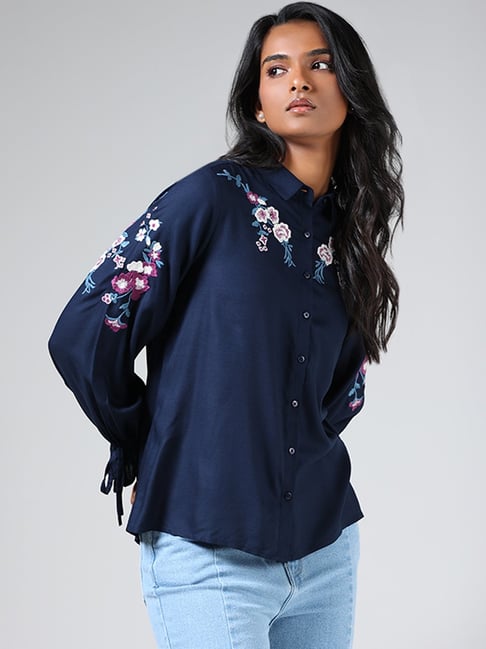 Navy Blue Embroidered Blouse