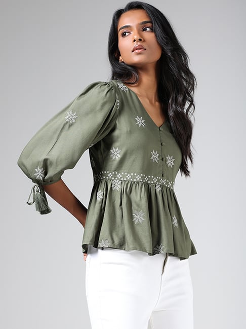 LOV by Westside Olive Green Gathered Top
