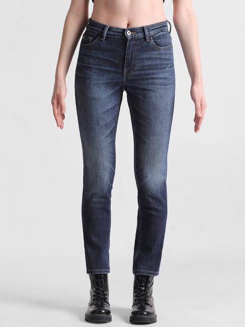 Only Dark Blue Denim Cotton Slim Fit Mid Rise Jeans