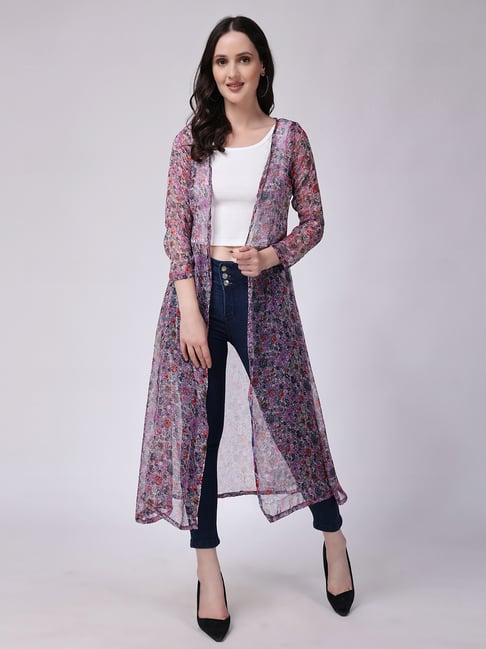 Scorpius Purple Floral Print Long Shrug