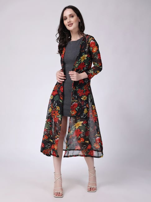 Floral Stylish Long Shrug With Jeans Scorpius Black Floral Print - Main Image