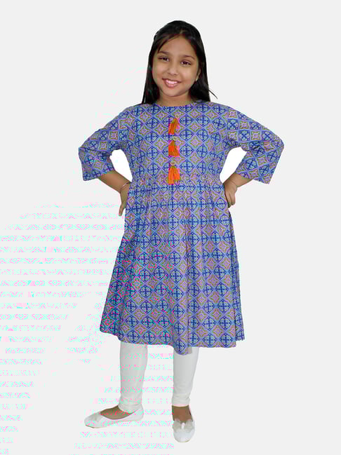Kiddopanti Kids Royal Blue & White Printed Anarkali Kurta with Leggings-picture-38