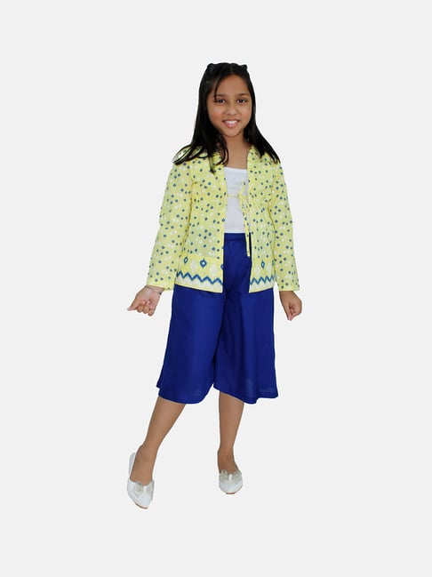 Kiddopanti Kids Yellow & Navy Printed Full Sleeves Shrug with Culottes-picture-34