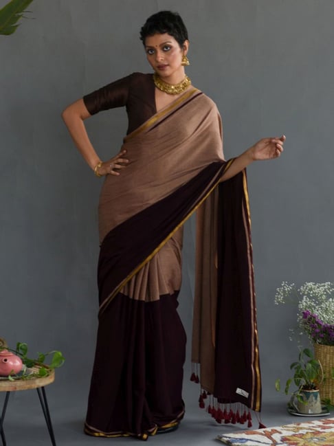 Plain Georgette Saree in Brown : SBY314