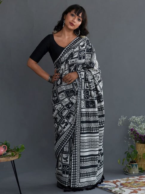 White Block Print Cotton Saree