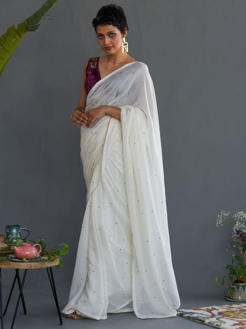 Banarasee Hand-Embroidered Mirror Work Organza Saree With Blouse-White