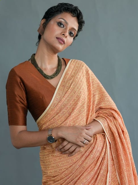 Wedding Special Orange Art Silk Silk Saree Blouse Pattern