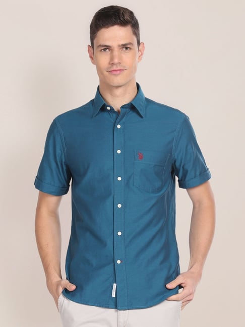 Buy Polo Teal Cotton Regular Fit Shirt for Mens Online