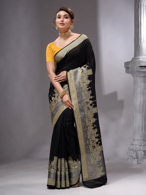Black Solid Saree With Printed Blouse
