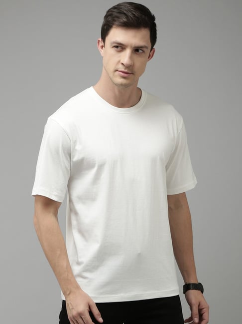Kryptic White Cotton Loose Fit Oversized Drop Shoulder T-Shirt