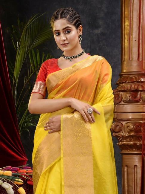 Red Glow - Red sequence blouse and yellow saree with frill... | Facebook