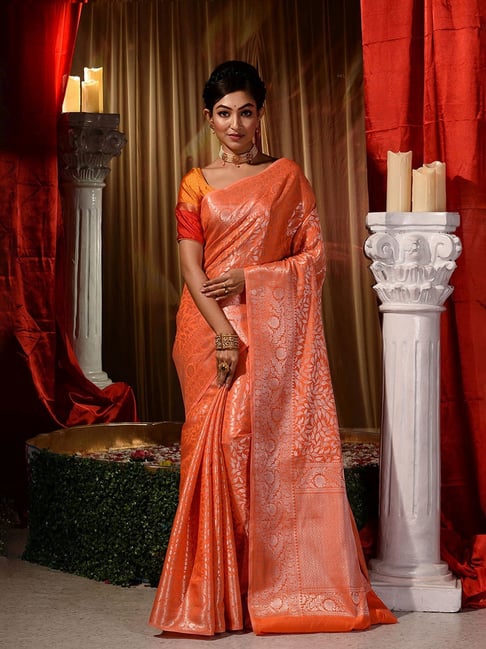 Cinnabar Orange Handloom Weave Kanjivaram Silk Saree – Ranjvani
