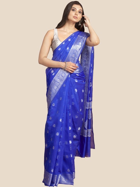 Classic Weaving Border Work On Blue Color Satin Silk Saree