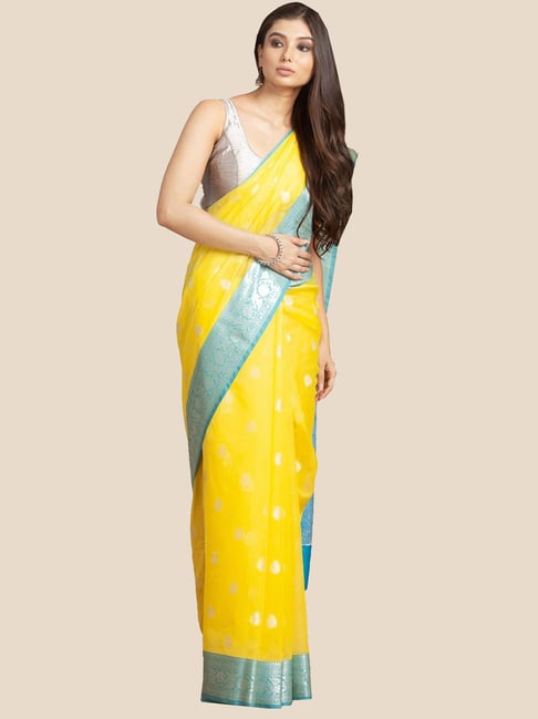 Handloom Yellow Striped Pure Chanderi Silk Saree With Tilak Meenakari –  WeaverStory