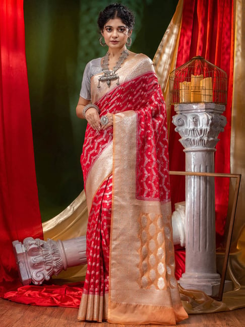 Fiery Red Litchi Silk saree with weaving silver Zari