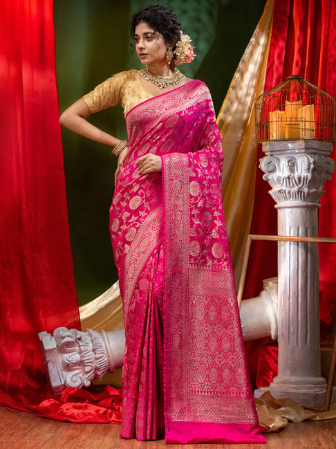 Rani Pink Woven Cotton Silk Banarasi Saree with Sequins Work - Urban Womania