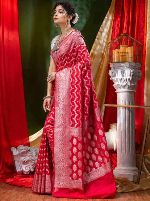 Red silver zari jaal georgette saree – House of Raadhya