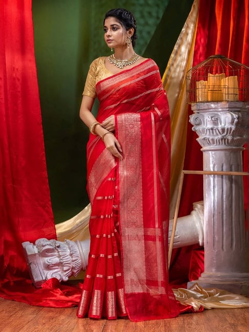 Red Fancy Soft Organza Sarees - Zakarto