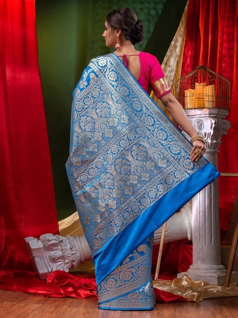 Handwork Embroidery Golden Blue Banarasi Silk Bridal Saree Online – Sunasa