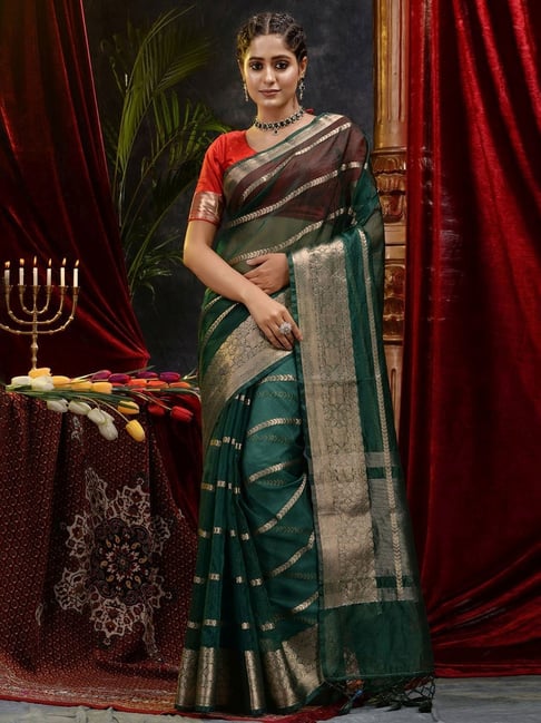 Shop Women's Green Satin Organza Saree Set | Aditi Gupta