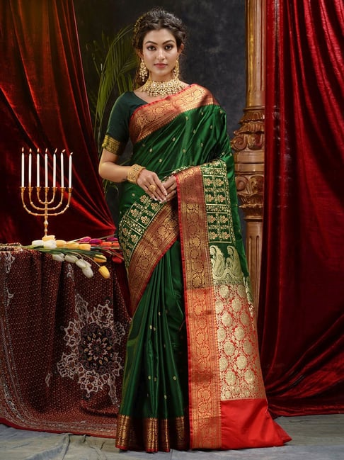 Buy HOUSE OF BEGUM Green Banarasi Handloom Satin Silk Saree Embroidery Work  with Unstitched Blouse online