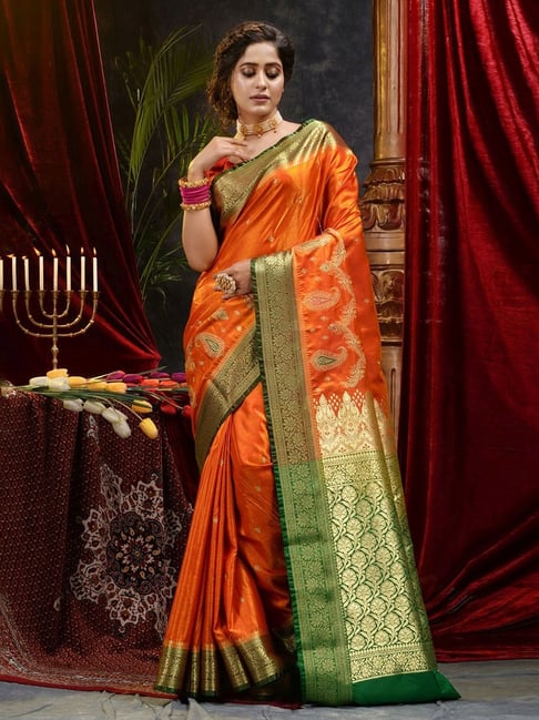 Trending Orange Banarasi Silk Woven Zari Saree|SARV129866