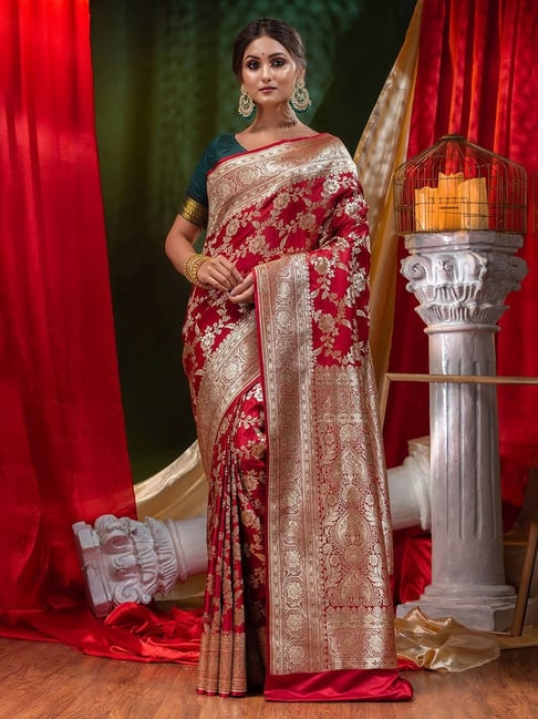 Bridal Red Woven Banarasi Tussar Silk Saree – Zari Banaras