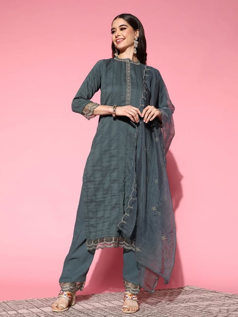 Grey silk straight pants woth gold gota and zari embroidery (Pant) – Kora  India
