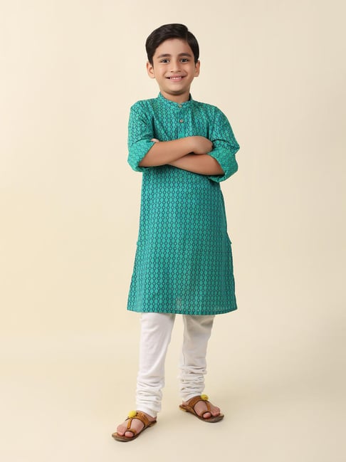 Fabindia Kids Teal Printed Full Sleeves Kurta-image-49