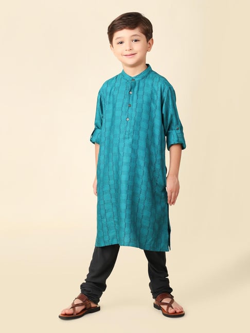 Fabindia Kids Teal Self Design Full Sleeves Kurta-picture-26