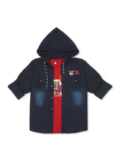 Cavio Kids Navy Red Printed Full Sleeves Hooded Shirt with T-Shirt