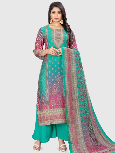 Stylee LIFESTYLE Blue Pink Floral Print Unstitched Dress Material