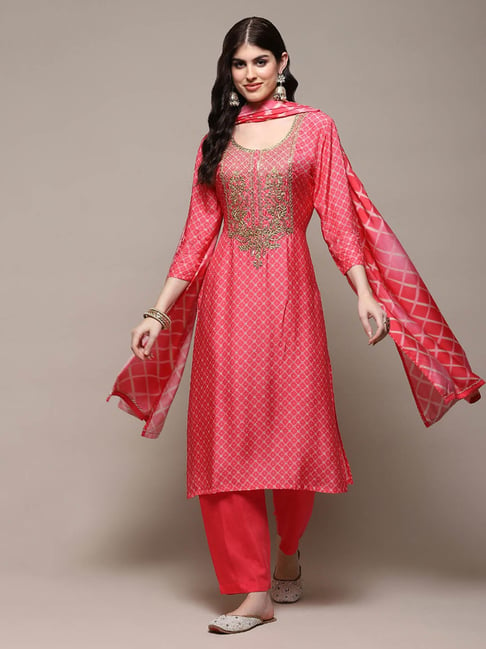 Biba Pink Embroidered Unstitched Dress Material