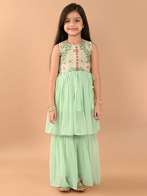 LilPicks Kids Light Green Embroidered Kurta With Sharara-picture-47