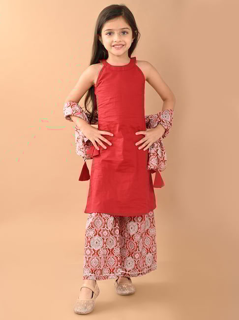LilPicks Kids Red & White Printed Kurta, Sharara With Dupatta-picture-17