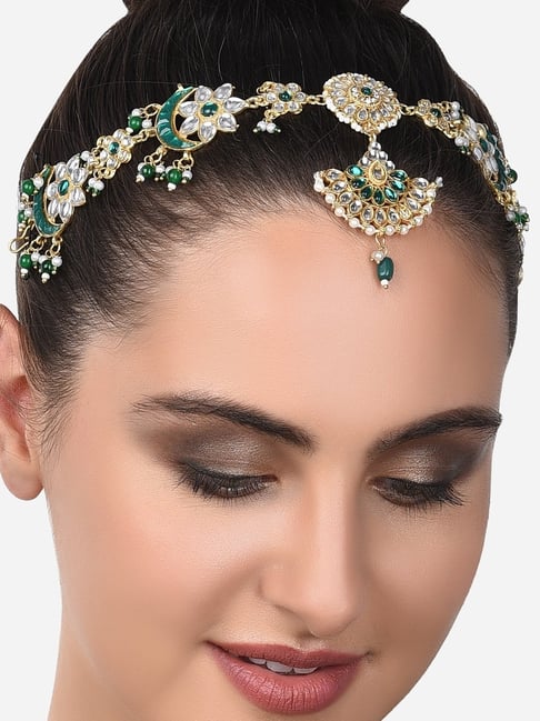 Zaveri Pearls Green Floral Crescent Design Bridal Kundan Head  Chain-ZPFK14487