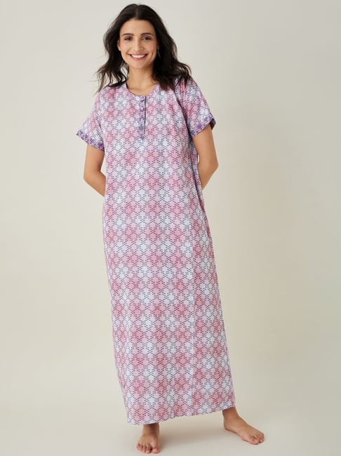 The Kaftan Company Pink & White Cotton Printed Nighty-picture-25