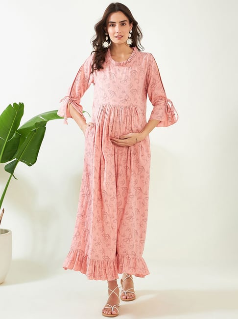 knee length dresses for ladies Kienna Pink Ruched High-Neck Maternity Maxi Dress  Club L London