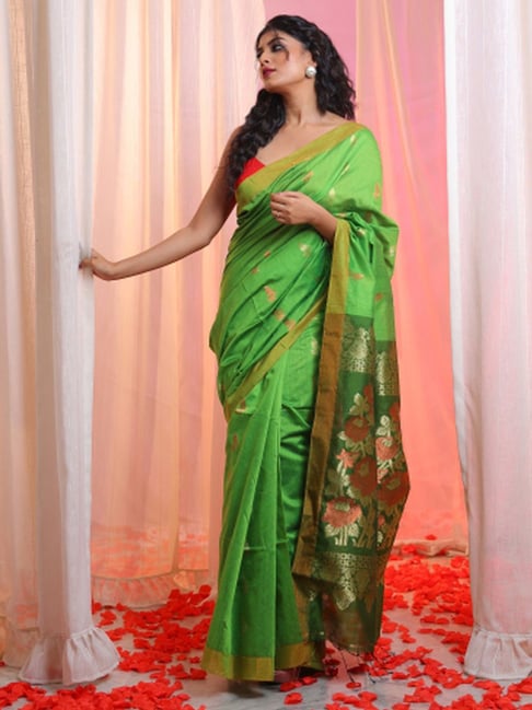Parrot Green Color Woven Design Striped Cotton Handloom Saree Sequence –  BharatSthali