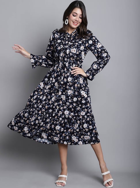 Cantabil Black Floral Print Midi Dress