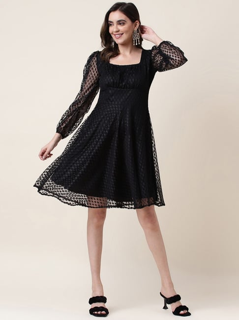 Buy SELVIA Black Self Design Fit Flare Dress for Women Online