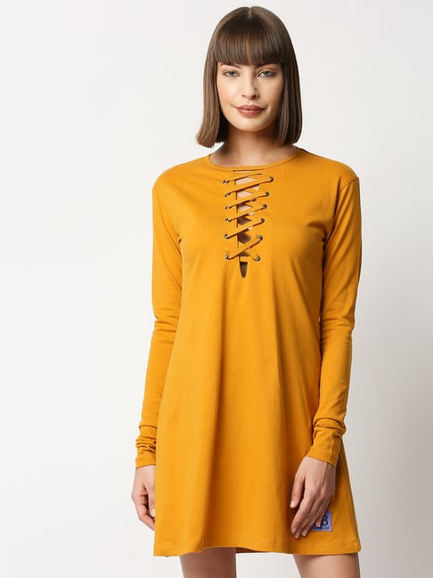 Buy Blamblack Yellow Cotton Regular Fit T Shirt Dress for Women