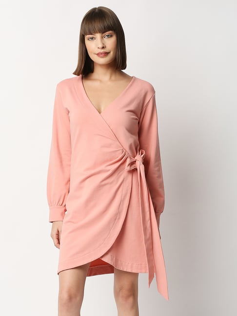 Blamblack Light Pink Cotton Regular Fit Wrap Dress