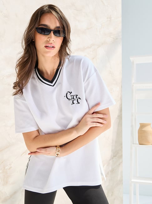 Styli White Cotton Self Pattern Oversized T-Shirt-picture-26