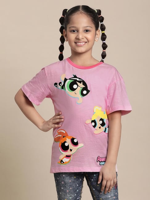 Kidsville Powerpuff Girls Printed Pink Tshirt For Girls