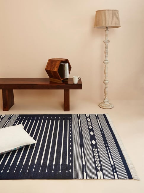 Fabindia Home Saksham Woven White & Blue Cotton Dhurrie