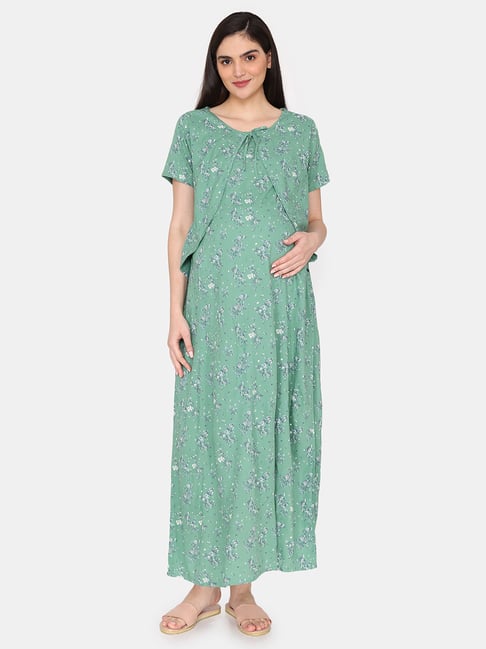 Coucou by Zivame Green Printed Maternity Night Dress