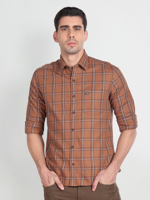 Arrow Sport Brown Cotton Slim Fit Checks Shirt