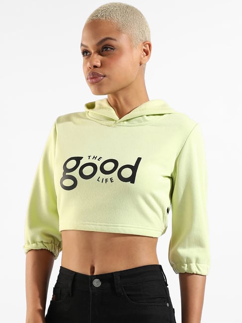 Campus Sutra Lime Green Cotton Graphic Print Crop Hoodie